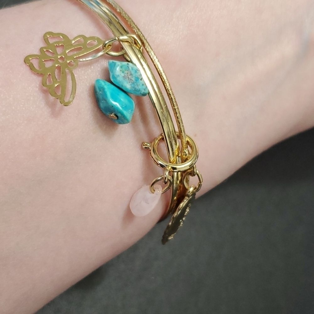 Gold tone layered bracelet with charms bangle butterfly blue rose quartz 8"